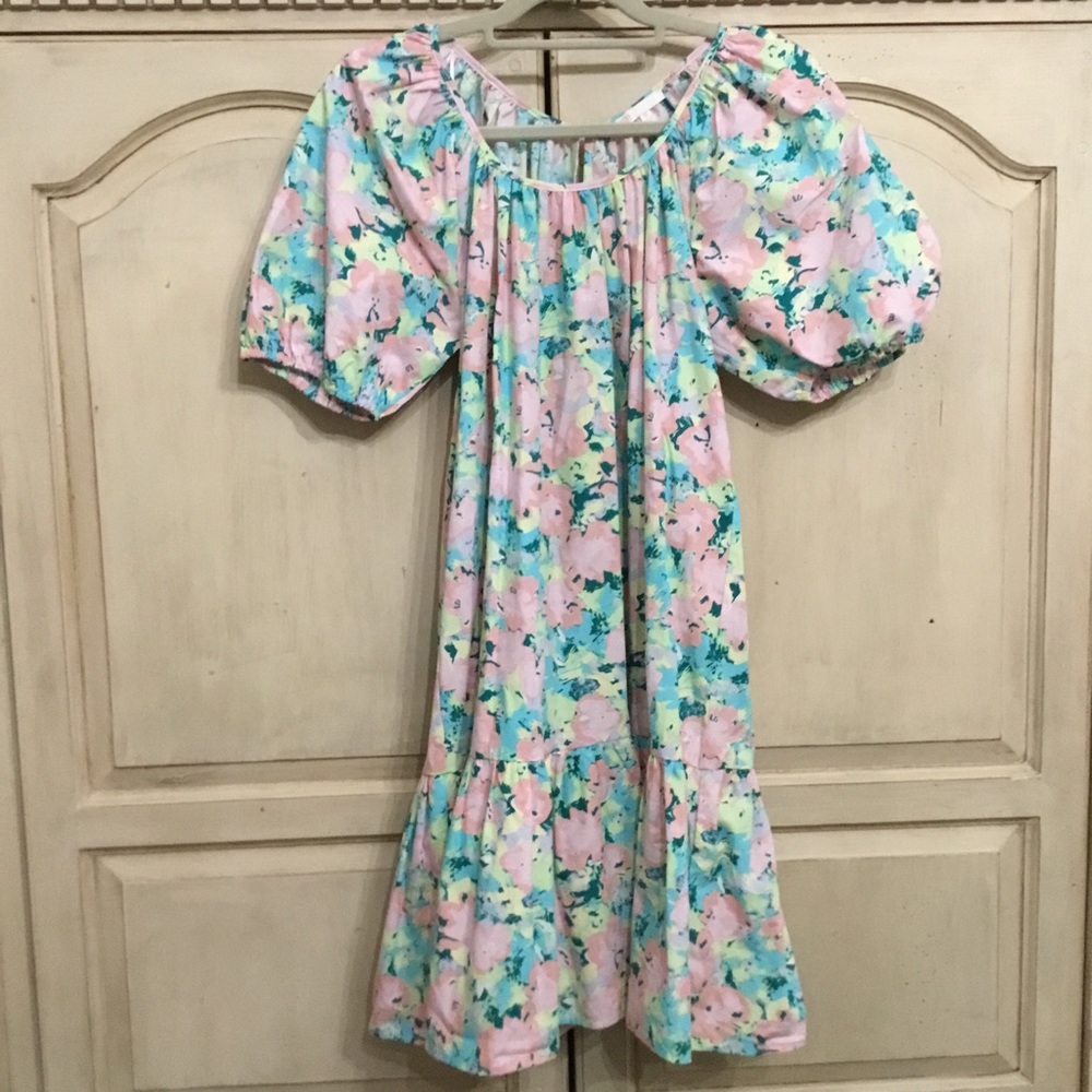 GB Gianni Bini Girls Pink Floral Pastel Drop Hem Short Sleeve Dress Size M NWOT